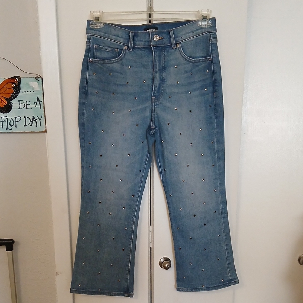 Express Light Blue Embellished Straight Leg Jeans